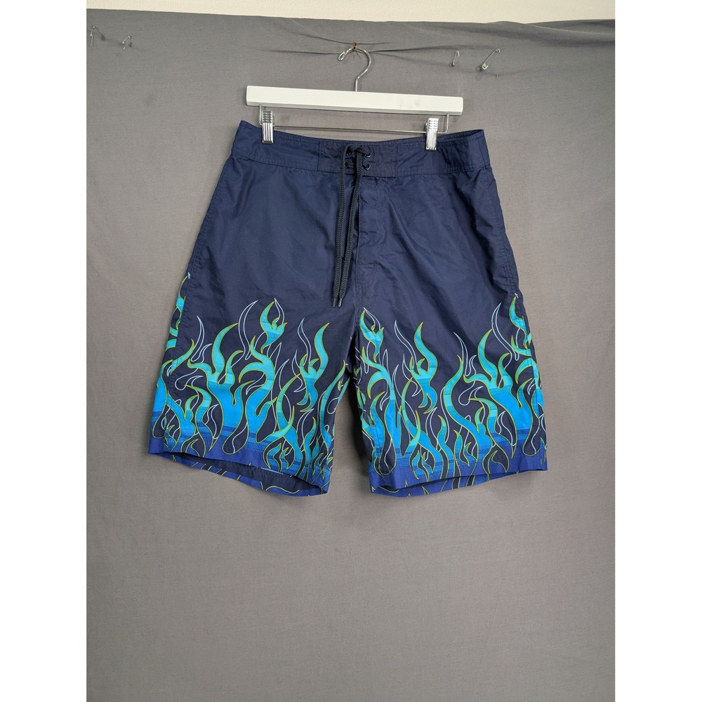 Utility Mens Blue Flame Print Board Shorts Size 34 Navy Y2K Surf Skate